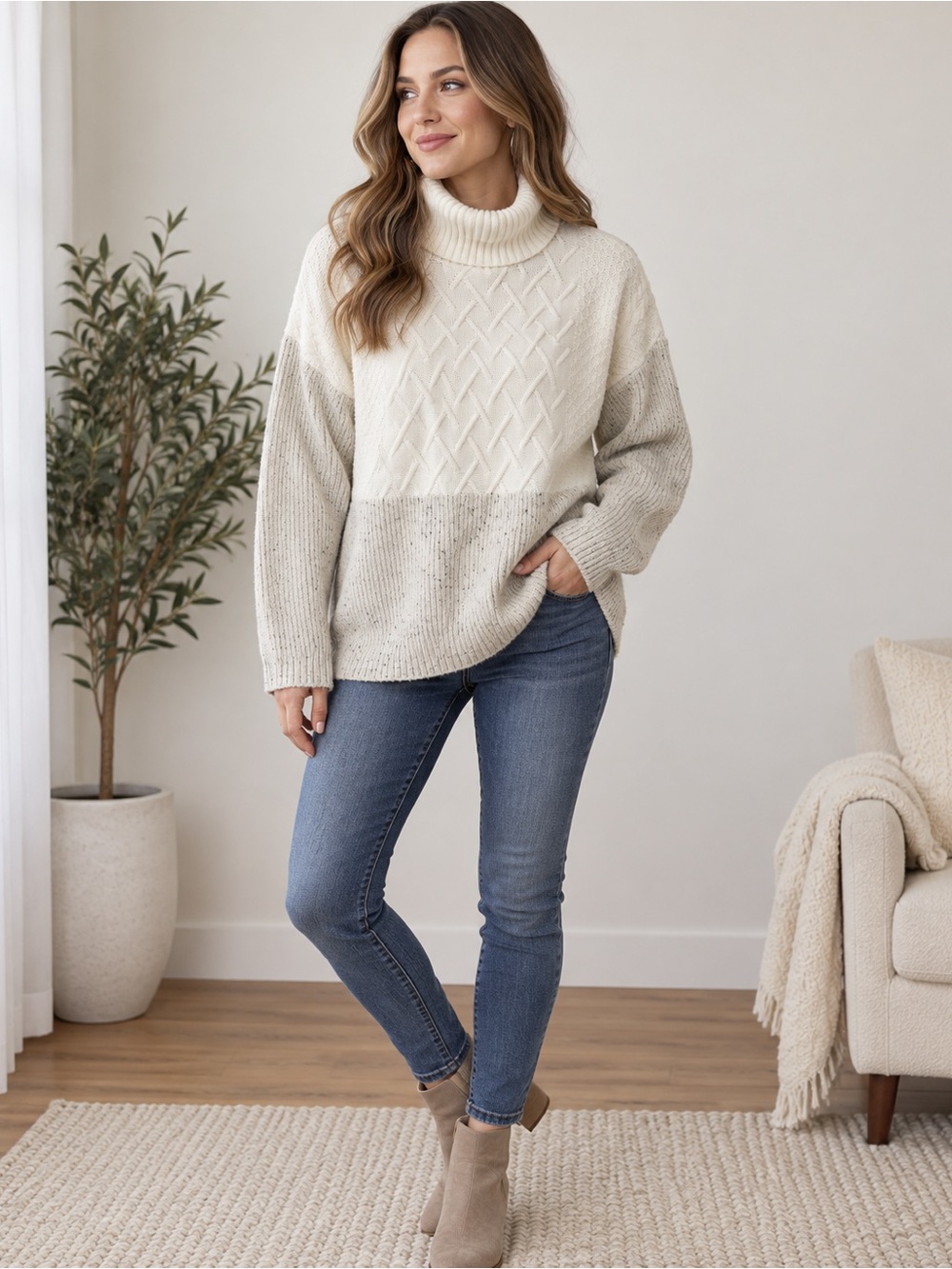 Belldini Cream Cable Knit Turtleneck Sweater Oversized Large Speckled Colorblock